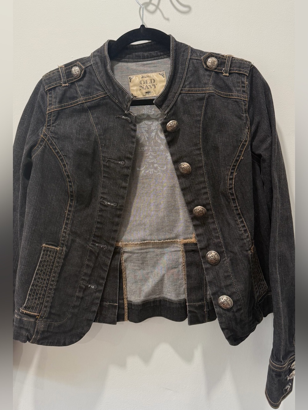 Old Navy Black Military-Style Jean Jacket with Decorative Buttons
